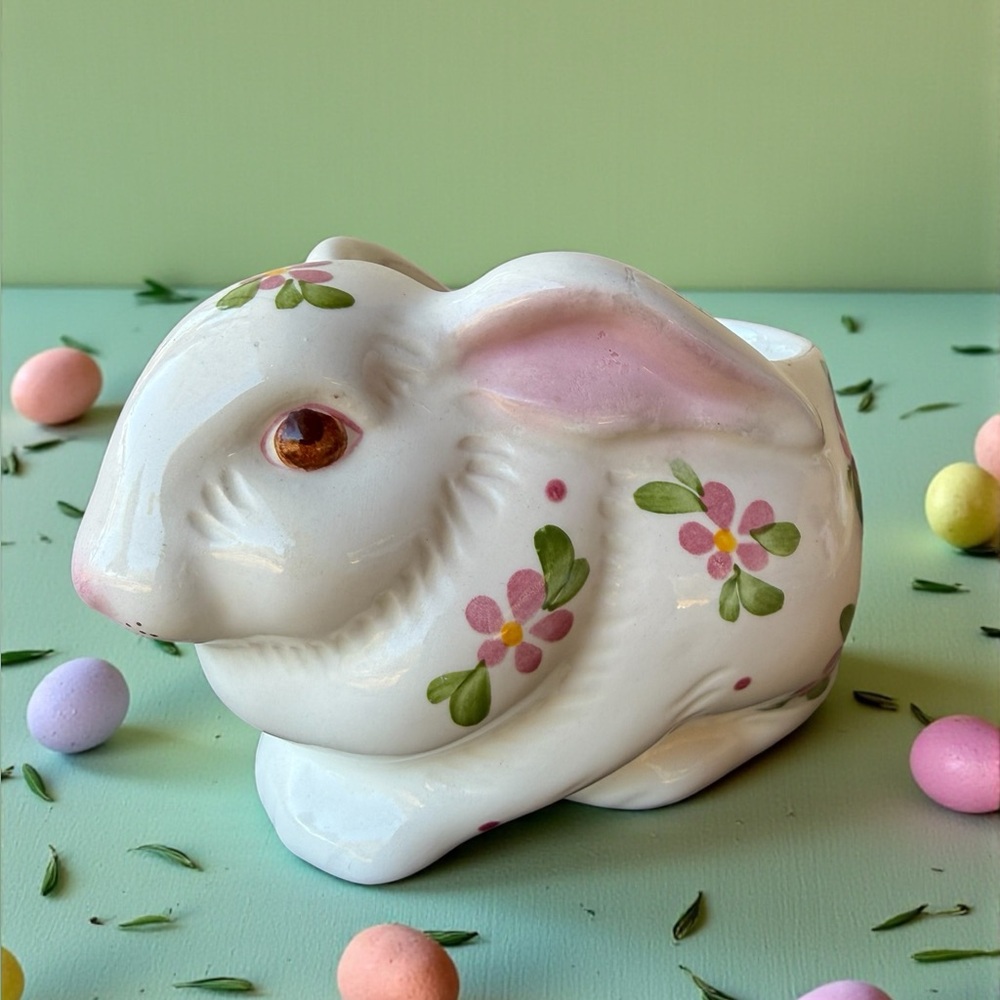 EASTER! Vintage Avon Bunny Rabbit Planter Candle Holder White Pink Floral Easter